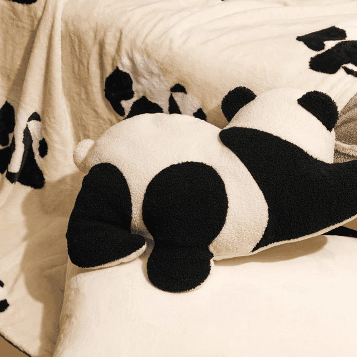 呆萌可愛柔軟蓬鬆熊貓嘭嘭二合一法蘭絨毯+抱枕組