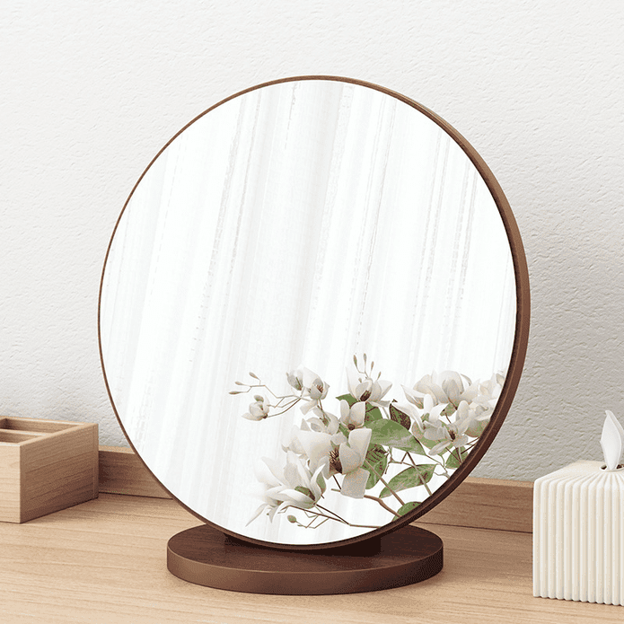 【蔓斯菲爾】便攜式可旋轉圓形木製復古梳妝鏡 大鏡面化妝鏡