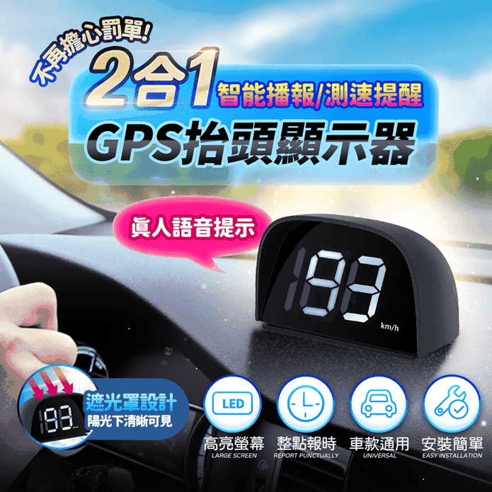 HUD抬頭GPS測速顯示器 (智慧播報/真人語音測速提醒/不分車款/高亮度顯示)