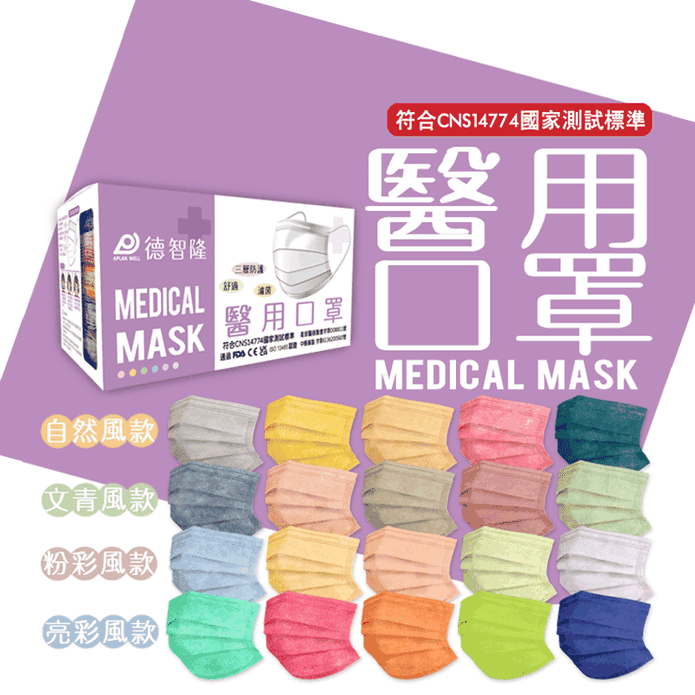 【德智隆】滿版莫蘭迪色醫療口罩 50片/盒 成人/兒童 混色裝
