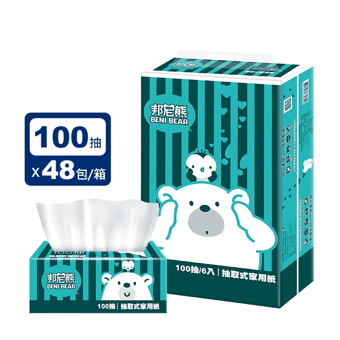 【BeniBear邦尼熊】復古綠條紋抽取式衛生紙(100抽x6包x8袋/箱)