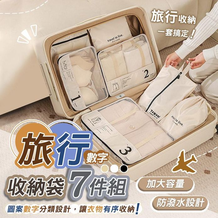 北歐數字旅行收納袋7件組 旅行分類袋 (三色)