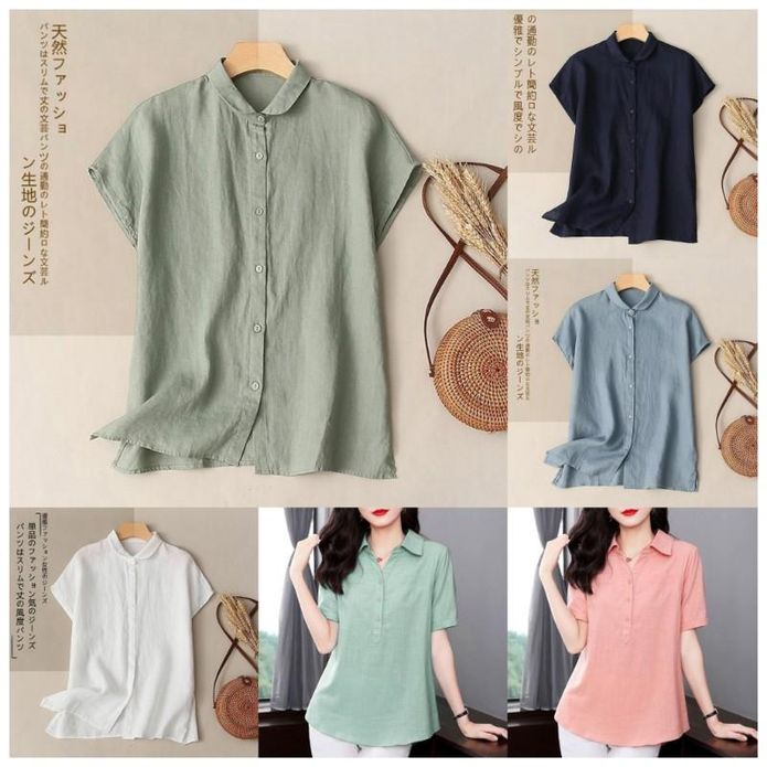 薄款舒適棉麻短袖女襯衫上衣 棉麻衣 M-5XL