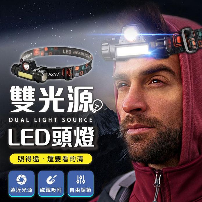 雙光源LED頭燈 USB充電 露營燈 釣魚燈