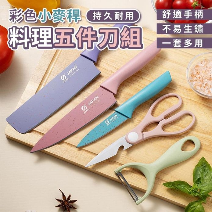 彩色小麥稈料理刀具五件組 水果刀 菜刀 剪刀 削皮器