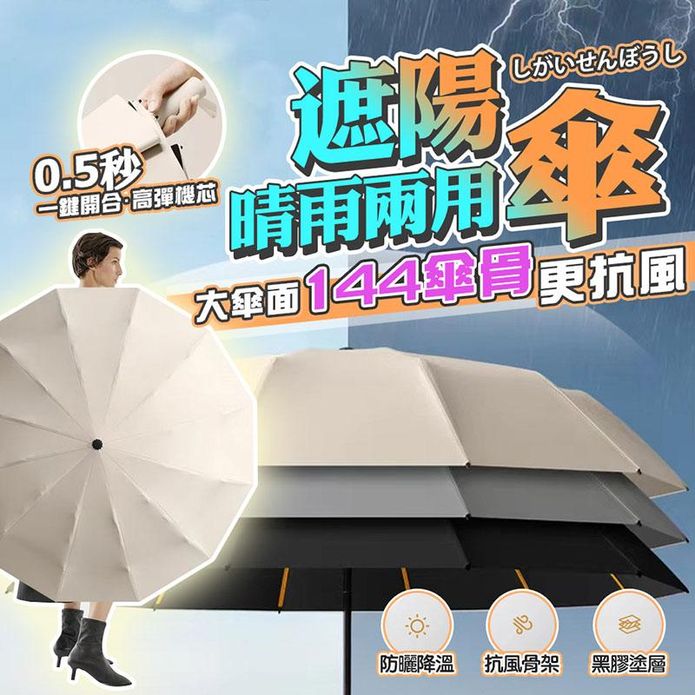 144骨抗UV抗風黑膠自動晴遮陽雨傘