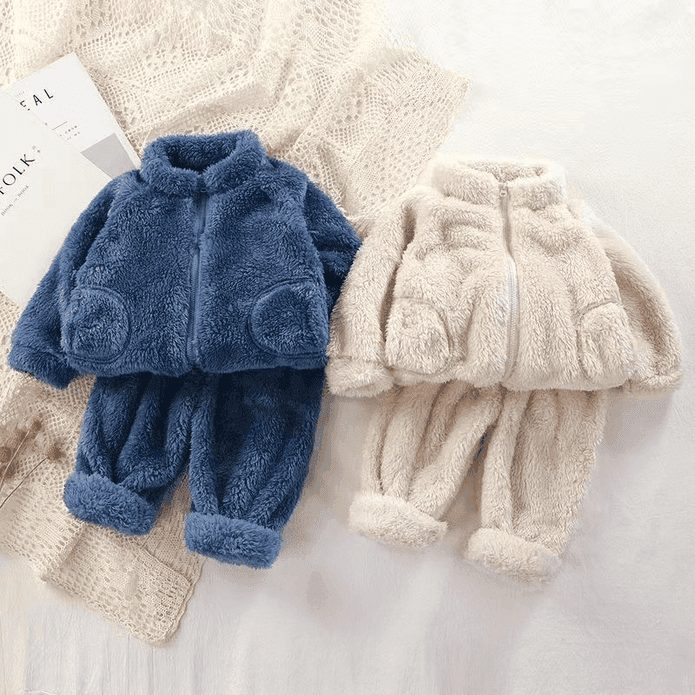 純色寶寶毛絨絨保暖家居服 兒童保暖刷毛拉鍊兩件式套裝