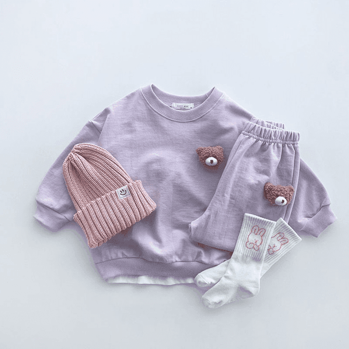 兒童休閒韓系套裝 純色圓領兩件組 (含熊熊別針x1)