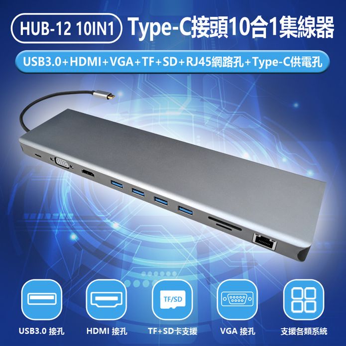 HUB-12 10IN1 Type-C接頭10合1集線器/充電器(USB3.0+