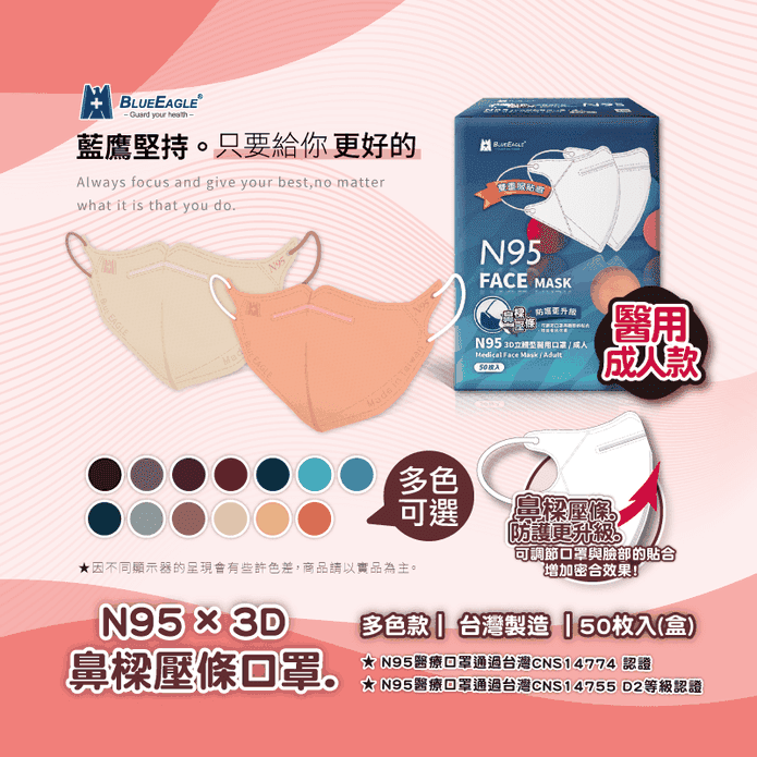 【藍鷹牌】醫用N95成人立體口罩-壓條多色款 50入/盒
