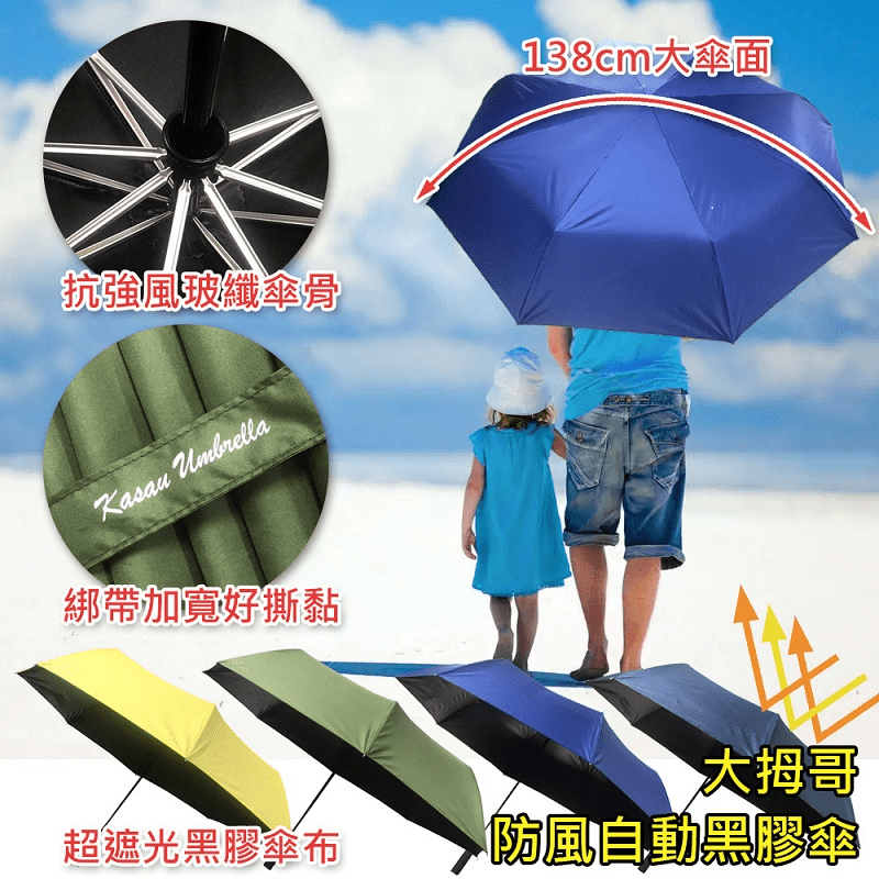 138cm防風自動黑膠傘 