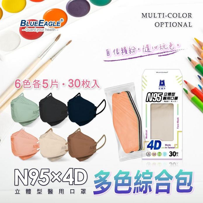 【藍鷹牌】臺灣製N95 4D立體型醫療成人口罩 (綜合包) 30片/包