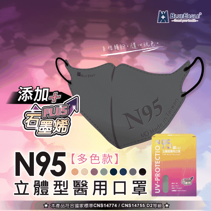 【藍鷹牌】臺灣製 N95石墨烯醫用立體型3D成人口罩 (50片/盒)