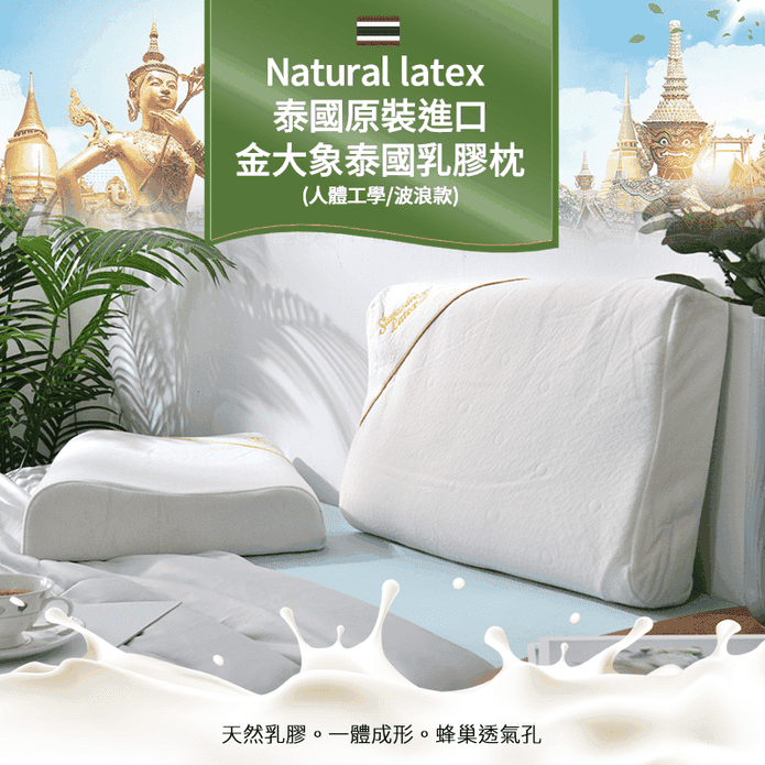 【Natural latex】泰國原裝進口金大象乳膠枕 人體工學 枕頭 Q彈支撐