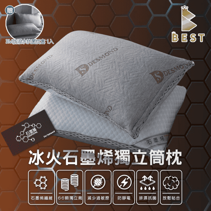 【BEST】冰火石墨烯防靜電獨立筒枕 贈3M防潑水抗菌枕套(灰)