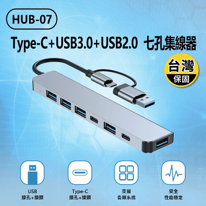 HUB-07 Type-C+USB3.0+USB2.0 七孔集線器