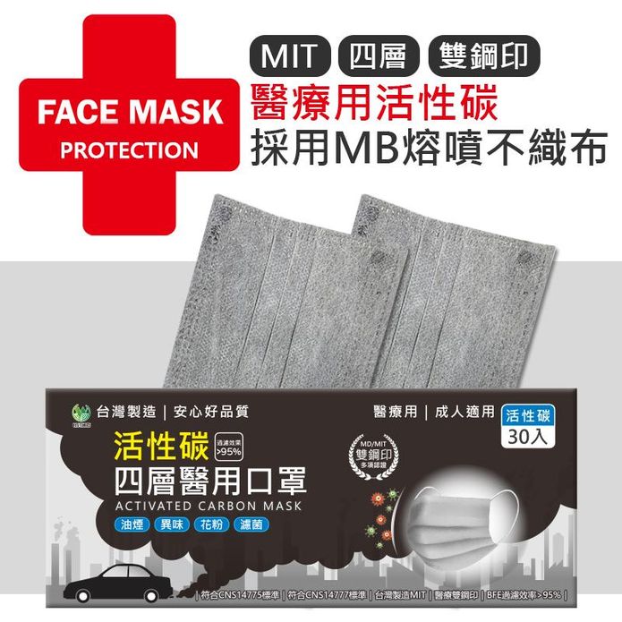 【旺昌】MIT臺灣製雙鋼印醫療口罩 四層活性碳口罩 (30片/盒)