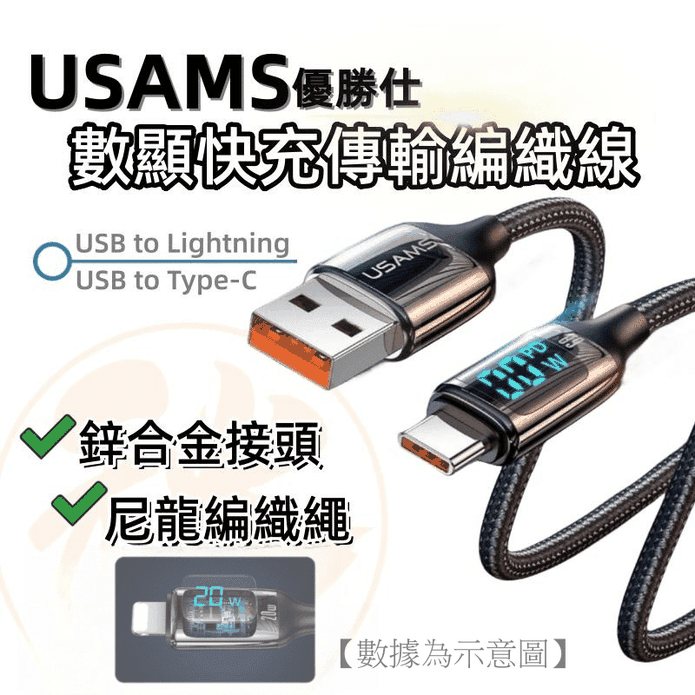 【USAMS】數顯快充USB傳輸線編織線 PD快充100W