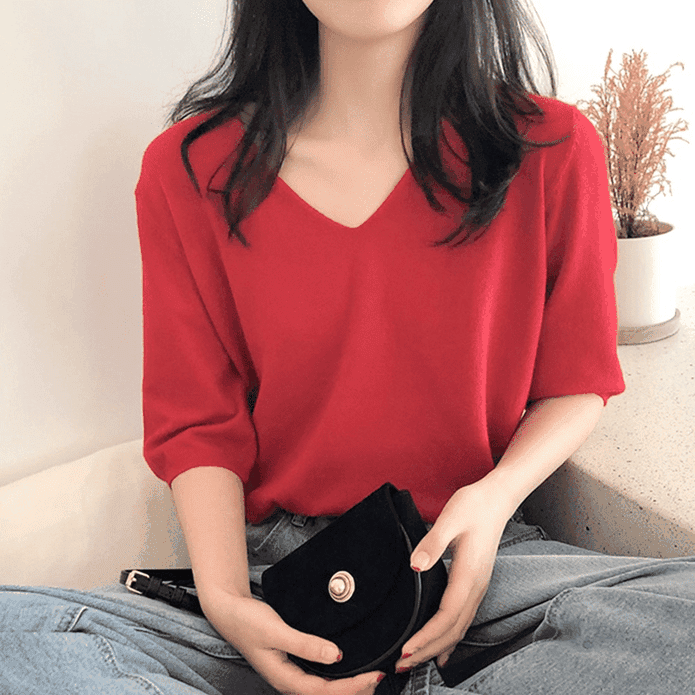 V領寬鬆五分袖針織衫