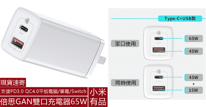 小米GAN雙口充電器65W