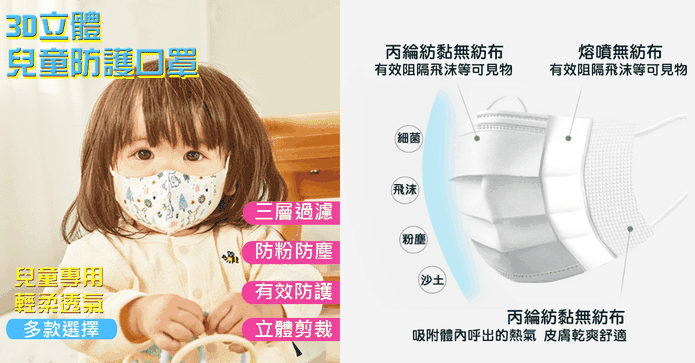3D立體兒童防護口罩