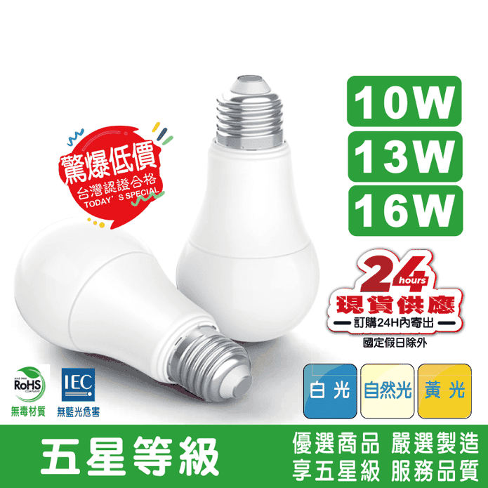 臺灣認證五星級高效LED燈泡 10W 13W 16W 白光 黃光 自然光