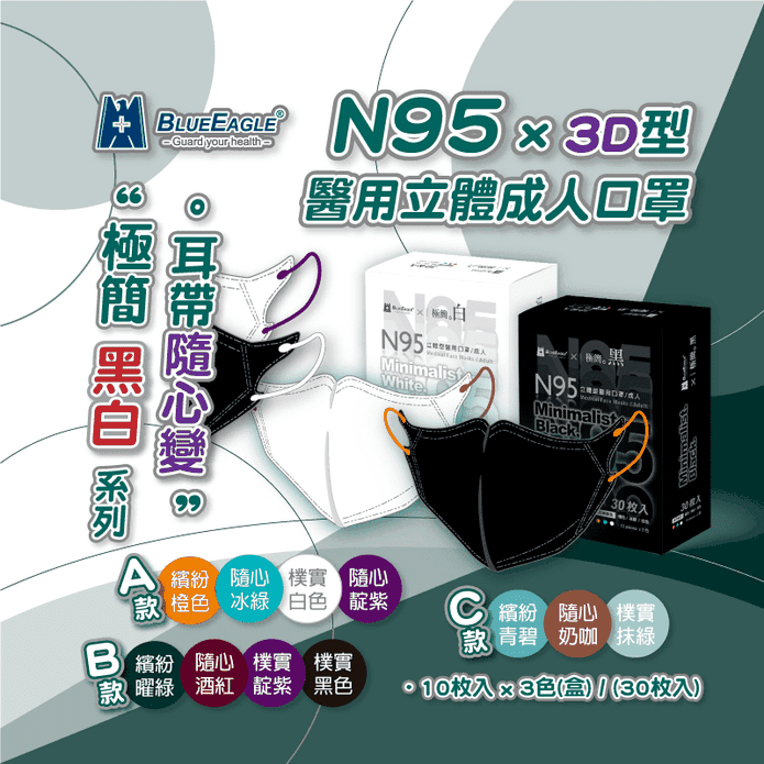 【藍鷹牌】N95醫用立體型3D成人口罩 極簡系列 30片/盒 (6款任選)