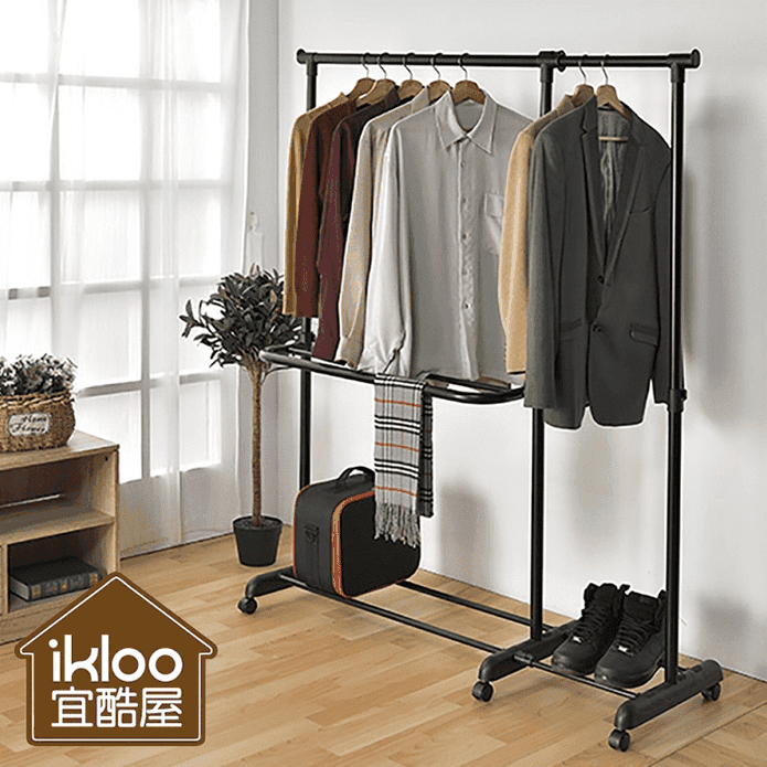 【ikloo】單桿雙層多功伸縮曬衣架 黑色/白色 (HG101)