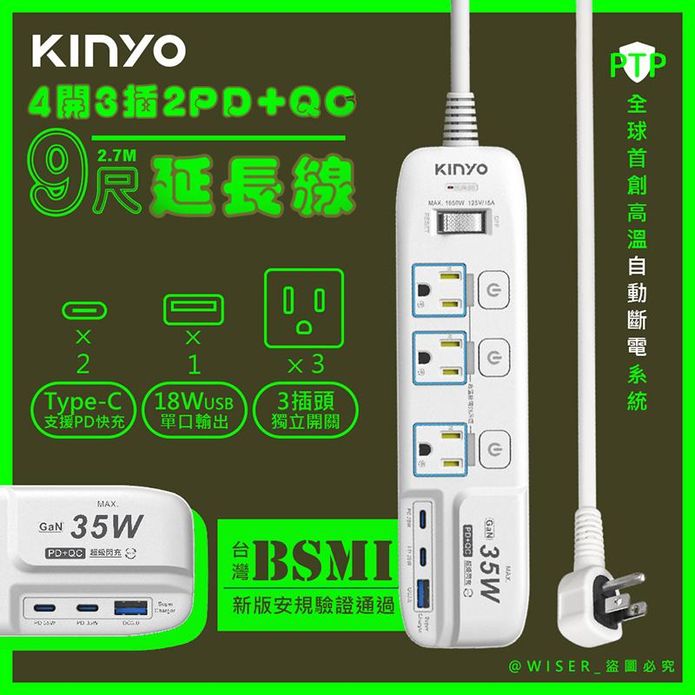 【KINYO】35W氮化鎵3U電源分接器2.7M延長線 GIPD-353439