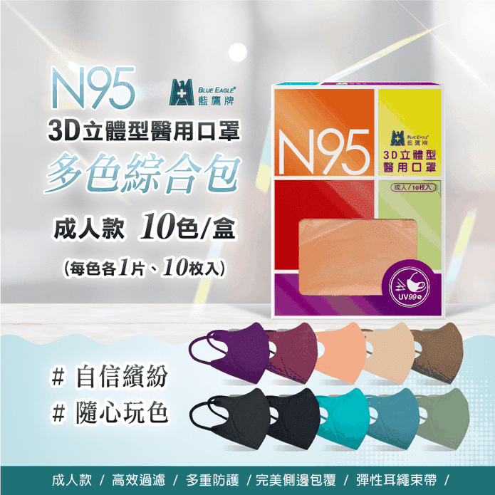 【藍鷹牌】N95立體型成人醫用口罩 綜合包 (10片/盒)