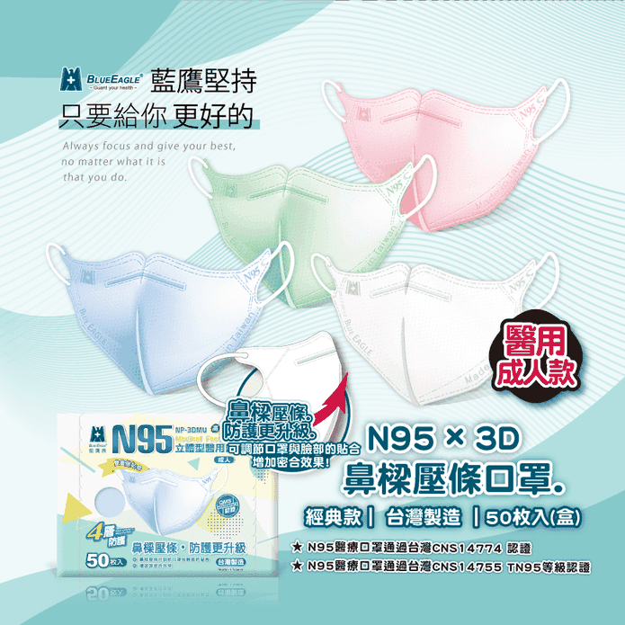 【藍鷹牌】醫用N95成人立體口罩-壓條款 50入/盒