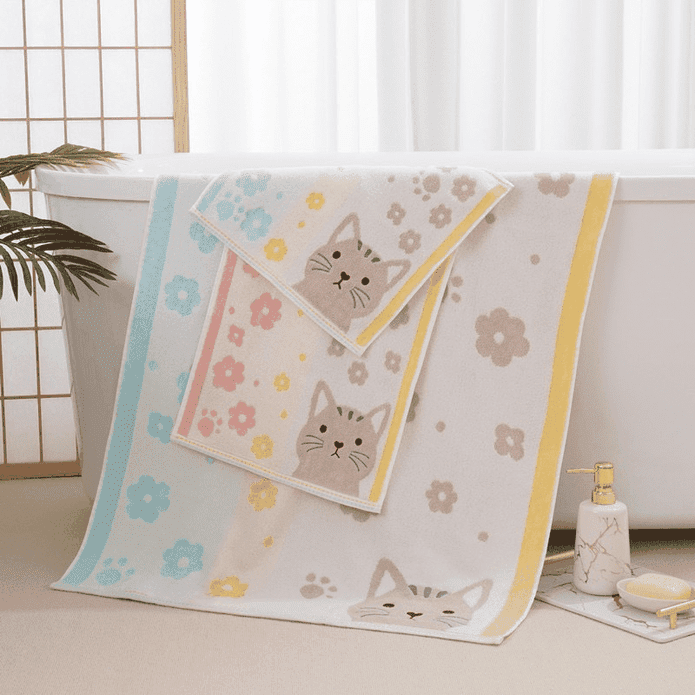 【HKIL-巾專家】日系櫻花貓系列純棉浴巾毛巾