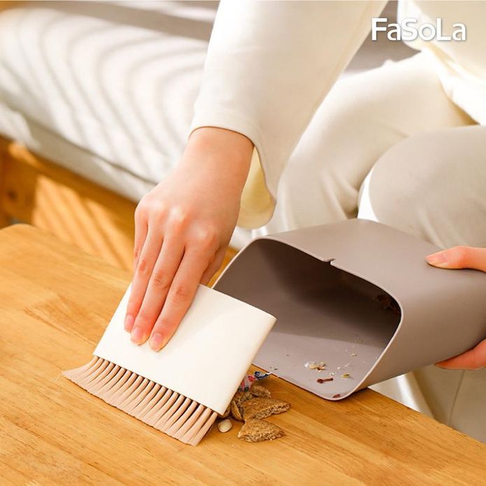 【FaSoLa】二合一桌面清潔刷 除塵小掃把 掃把畚箕組 桌面垃圾桶