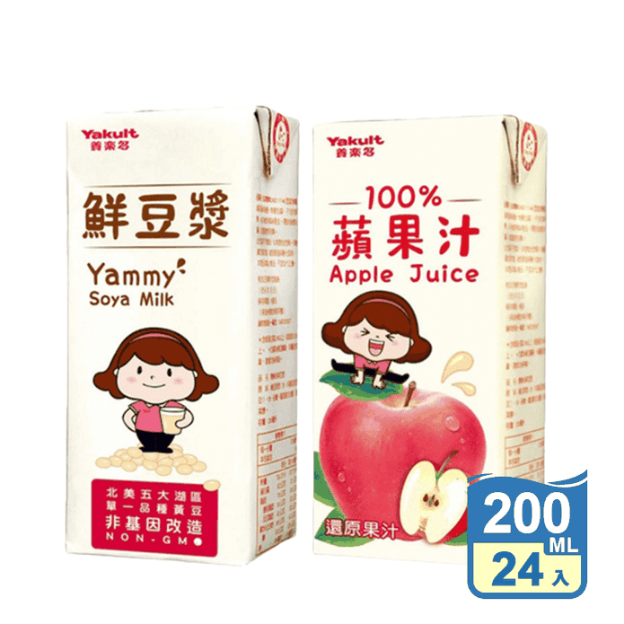 【養樂多】100%蘋果汁/鮮豆漿任選 (200ml x24入/箱) 早餐 飲料