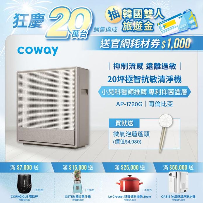 【Coway】極智抗敏空氣清淨機AP-1720G+Culligan 微氣泡蓮蓬頭