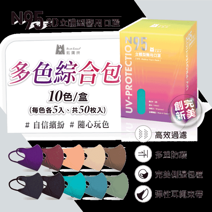 【藍鷹牌】臺灣製N95立體型成人醫用口罩 綜合包 (50片/盒)