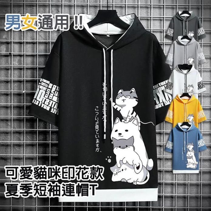 夏季連帽短袖T印花卡通貓上衣