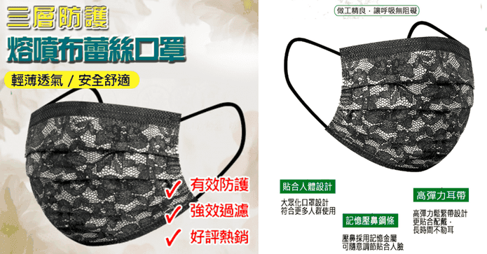 三層防護溶噴布蕾絲口罩