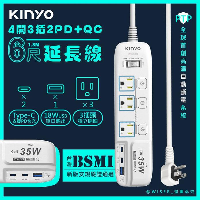 【KINYO】35W氮化鎵3U電源分接器1.8M延長線 GIPD-353436