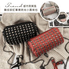 韓版單肩鉚釘小圓筒包