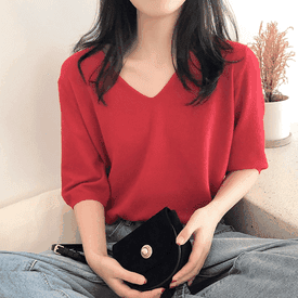 V領寬鬆五分袖針織衫